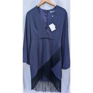 By Egreis Womens Jocelyn Navy Blue Fringe Overlap Long Sleeve Dress Sz L western